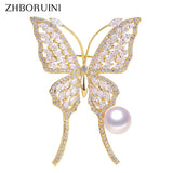 ZHBORUINI 2024 Natural Freshwater Pearl Brooch Rinestone Gold Simple Butterfly Brooch Pins Pearl Jewelry For Women Accessories