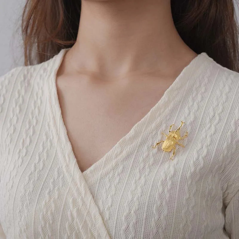Lotus Fun 18K Gold Big Trypoxylus Dichotomus Brooches Pin for Women 925 Sterling Silver Fashion Statement Jewelry Female Gift