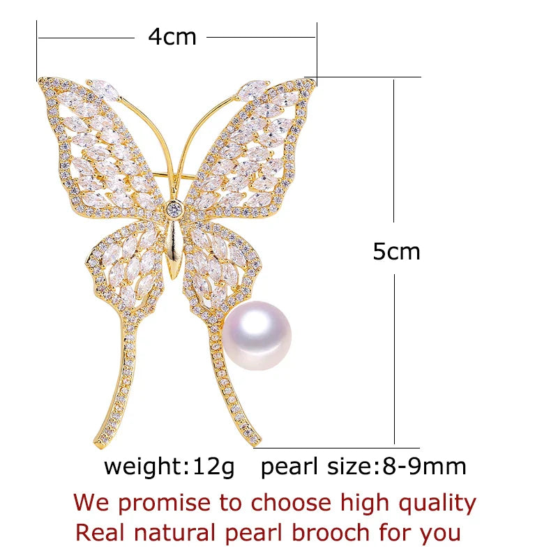 ZHBORUINI 2024 Natural Freshwater Pearl Brooch Rinestone Gold Simple Butterfly Brooch Pins Pearl Jewelry For Women Accessories