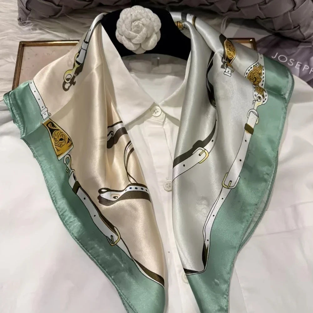 green Women 100% Mulberry Silk Scarf For Hair Headscarf Spring Fall Elegant Floral Small Silk Square Neck Scarves Neckerchief