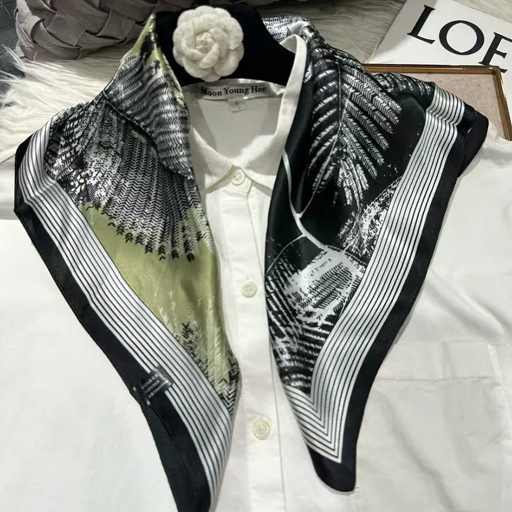 green Women 100% Mulberry Silk Scarf For Hair Headscarf Spring Fall Elegant Floral Small Silk Square Neck Scarves Neckerchief