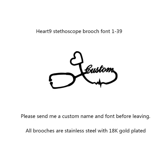 Personalized Customized Name Brooches For Women Gold Color Stainless Steel Letter Stethoscope Pin Badges Broochs Wedding Jewelry
