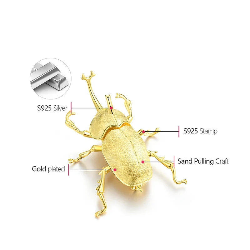 Lotus Fun 18K Gold Big Trypoxylus Dichotomus Brooches Pin for Women 925 Sterling Silver Fashion Statement Jewelry Female Gift