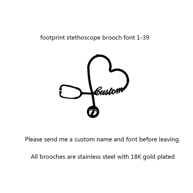 Personalized Customized Name Brooches For Women Gold Color Stainless Steel Letter Stethoscope Pin Badges Broochs Wedding Jewelry